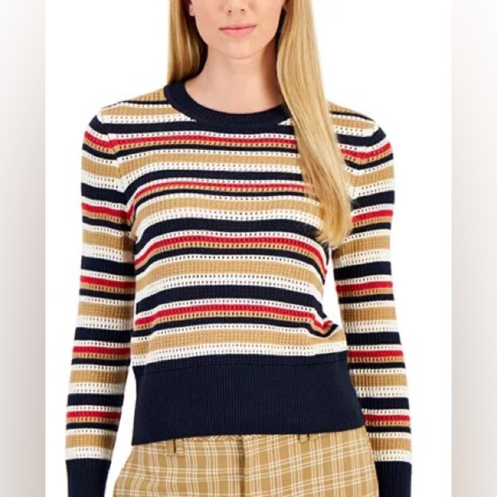 🆕 TOMMY HILFIGER Women's Open-Stitch Striped Long-Sleeve Sweater